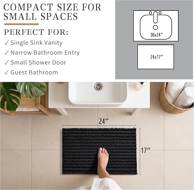 Yimobra Bathroom Rugs Non Slip Washable - Ultra Soft Absorbent Chenille Bath Mat, Quick Dry Shaggy Floor Carpet for Tub Shower, Black Home Decor Accessories, 24x17 Inch