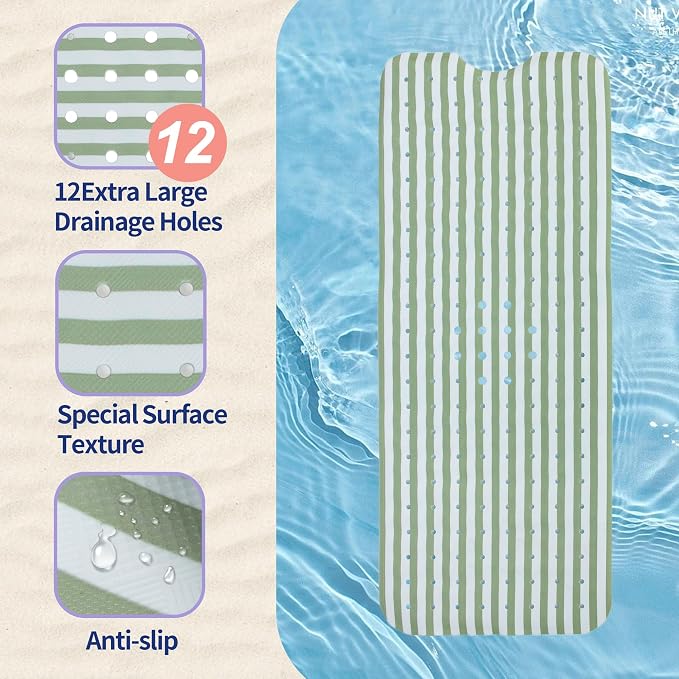 Stripes Green Bathtub Mat Non Slip 40x16 Inch Extra Long Bath Mat, Modern Art Shower Mat Non Slip, Bath Mat for Tub Anti Slip with Large Drain Holes Suction Cups Design Bathroom Mat
