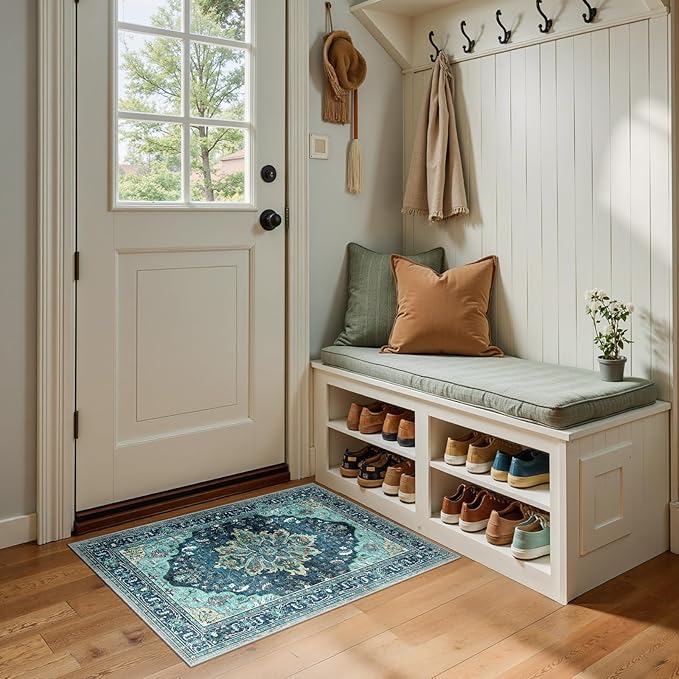RELEANY Area Rugs Small 2'x3' Washable Non-Slip, Floral Vintage Distress Medallion Carpet for Kitchen Entryway Bathroom, Teal Green Lake Blue Turquoise