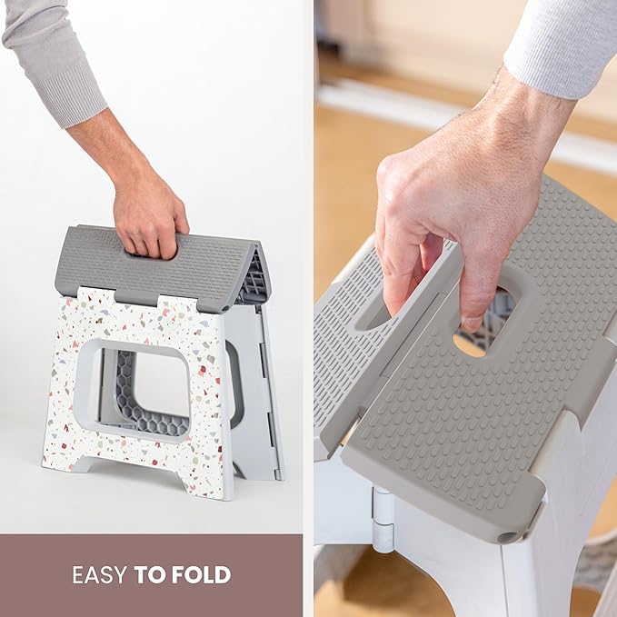Vigar Compact Folding Step Stool - 10-1/2 Inch Foldable Step Stool for Adults, Lightweight Portable Stool with Handle, Non Slip Step Stool, Space Saving Stool up to 330 lb - Terrazzo Body
