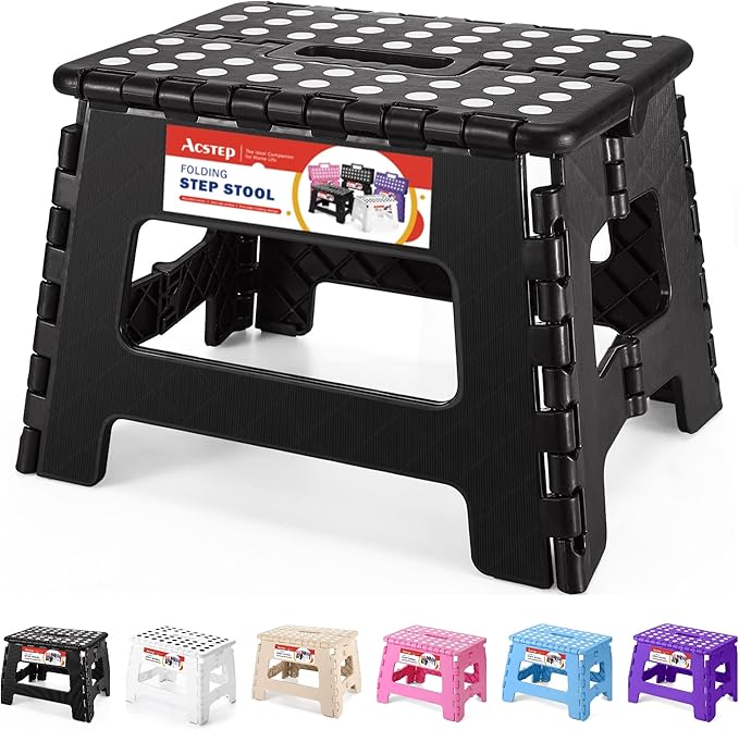 ACSTEP Folding Step Stool 9 Inch, Sturdy Collapsible Kitchen Step Stool Foldable for Kids, Toddlers & Adults, Non Slip Lightweight Foot Stools with Handle, Holds 300 lbs Ideal for Bathroom Bedroom