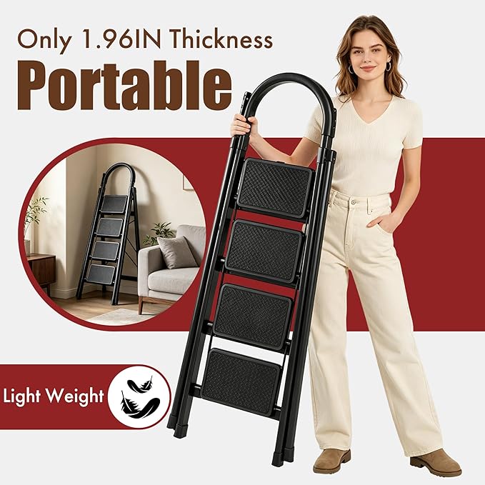 Folding Step Ladder, 4-Step Multi-Functional Alloy Ladder, Heavy Duty Metal, Wide Pedals, Anti-Slip, Collapsible to 5cm, with Tool Rack & Sponge Handrail for Home, Indoor & Engineering Use