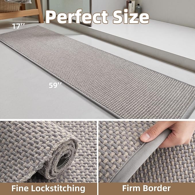 PADOOR-Bath Mat Runner-Super Absorbent Chenille Bathroom Mats-Rubber Backed Bath Mats for Bathroom Non Slip, Easy Clean Bathroom Runner Rugs Front of Bathtub,Shower Room,Sink-17×59, Grey&Beige