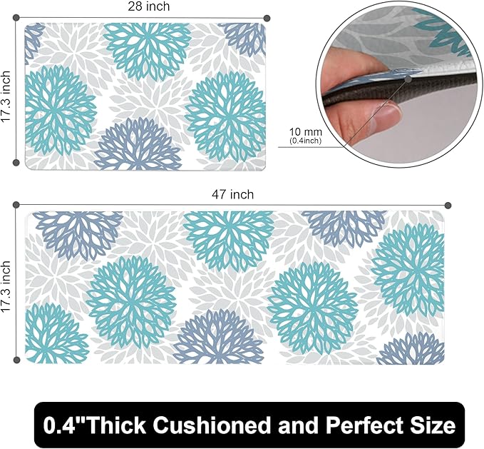 Teal Kitchen Mats Set of 2 Cushioned Anti Fatigue Kitchen Rugs Non Slip Waterproof Runner Memory Foam Kitchen Floor Mat Comfort Standing Mat for Sink,Office,Laundry