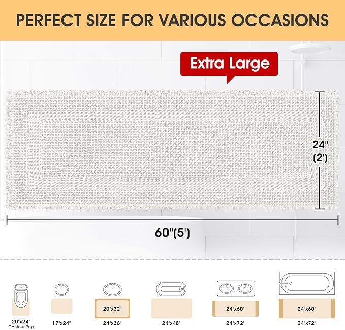 IM HOME Extra Large Waffle Bath Mat, Boho Bathroom Rugs Absorbent Non Slip, Ultra Soft Bathroom Mat, Machine Washable Knit Bath Rugs with Tassels for Bathroom, Bedroom, Kitchen, Tub, 5'x2', White