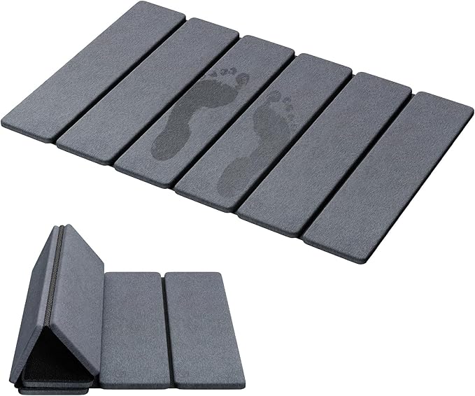 Luxspire Stone Bath Mat Foldable, Quick Drying Diatomaceous Earth Bath Mat for Bathroom, Large Bathroom Rug with Non-Slip Rubber Base, Easy Clean Accessories Outside Shower, 24 x 16 in, Dark Gray