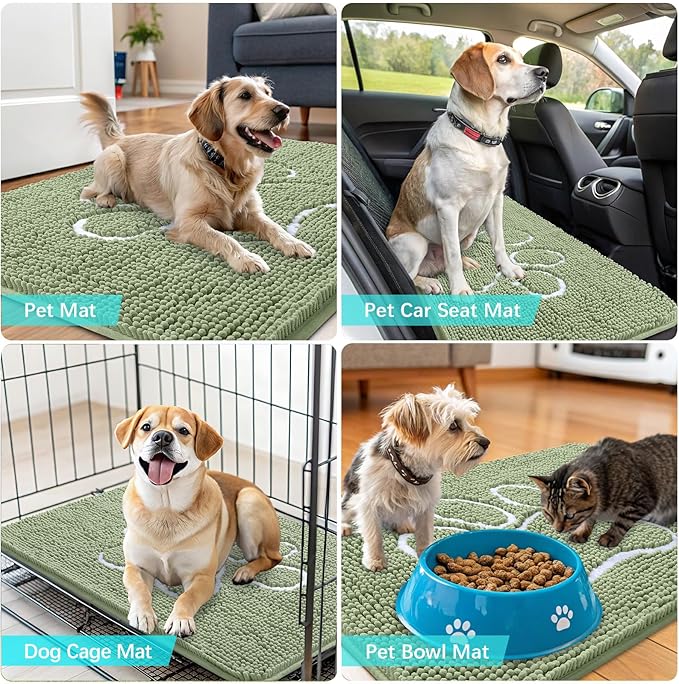 OLANLY Dog Door Mat for Muddy Paws 45x27, Paw Print Design, Absorbs Moisture and Dirt, Non-Slip Washable Doormat, Quick Dry Chenille Mud Mat for Dogs, Entry Indoor Entryway Carpet, Sage Green