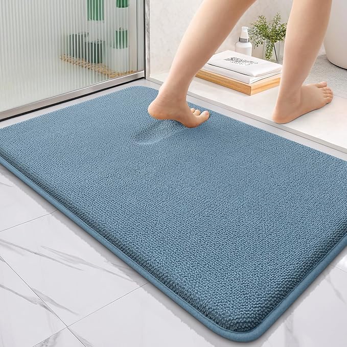 OLANLY Thick Memory Foam Bath Mat Rug 35x24, Extra Soft Absorbent Bathroom Rug, Quick Dry Bath Mats, Non-Slip, Machine Washable Carpet for Bathroom, Tub and Shower, Home Decor Accessories, Airy Blue