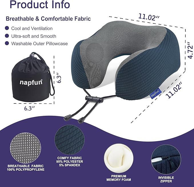 napfun Neck Pillow for Traveling, Upgraded Travel Neck Pillow for Airplane 100% Pure Memory Foam Travel Pillow for Flight Headrest Sleep, Portable Plane Accessories, Deep Blue