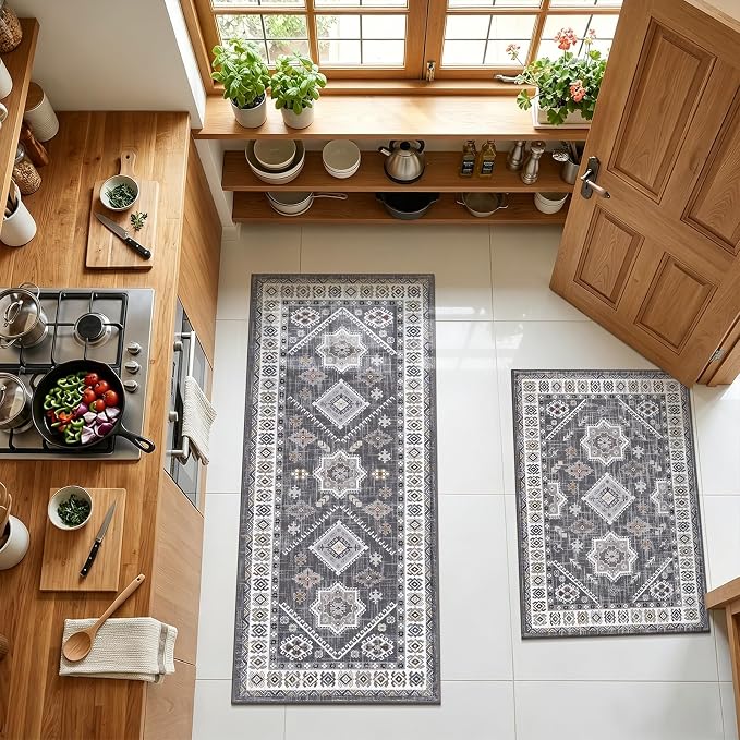 HEBE Boho Kitchen Rugs Sets of 2, Non Slip Washable Kitchen Mats for Floor, Farmhouse Kitchen Carpet Runner Rug Set for Sink, Stove, Laundry Room & Hallway