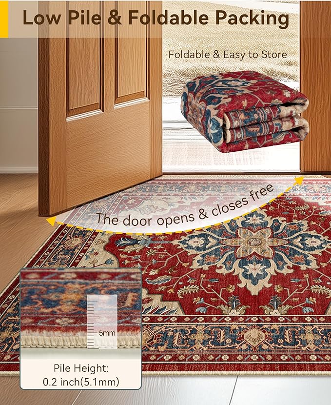 RELEANY Area Rugs Runner 2'x6' Washable Non-Slip, Floral Vintage Distress Medallion Carpet for Kitchen Hallway Bedroom Beside Laundry Room Bathroom, Red Blue