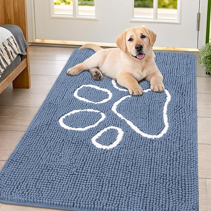 Smiry Dog Door Mat for Muddy Paws, Absorbent Dirt Trapper Non Slip Quick Dry Washable Chenille Mat for Mud Dogs, Entry Rug for Indoor and Outdoor (47x32 Inches, Airy Blue and White)