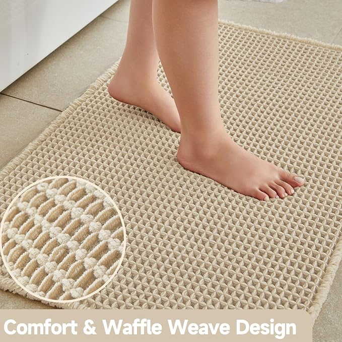 TYUU Pale Beige Bathroom Rug, Waffle Bath Mat Non Slip Washable Super Absorbent Quick Dry Boho Farmhouse Bathroom Decor, 36''x24'' Pale Beige