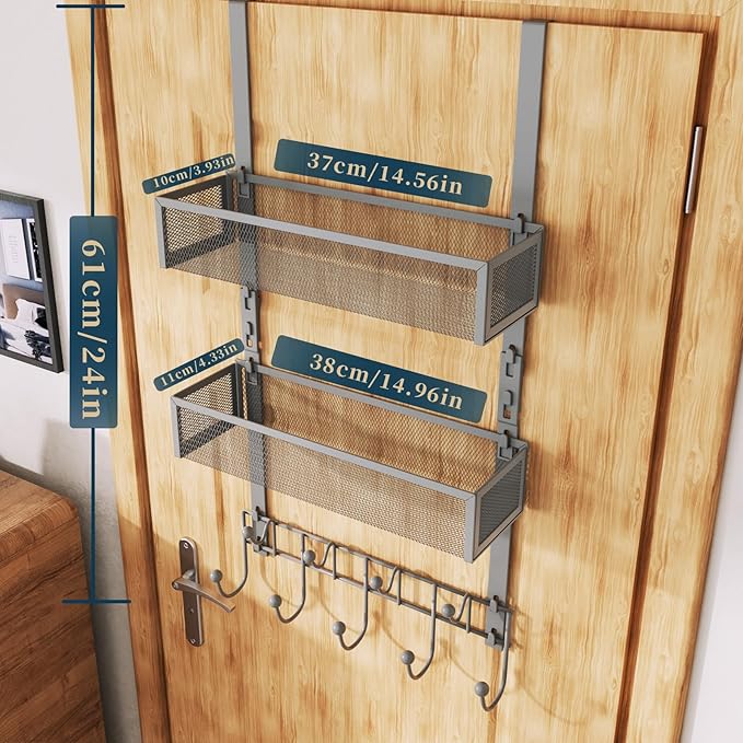 Consumest Over The Door Hooks Organizer - 3 Tier Door Hanger with 9 Coat Hooks & 2 Mesh Basket, Back Storage Organizer Hanging Towels for Bathroom, Bedroom, Grey