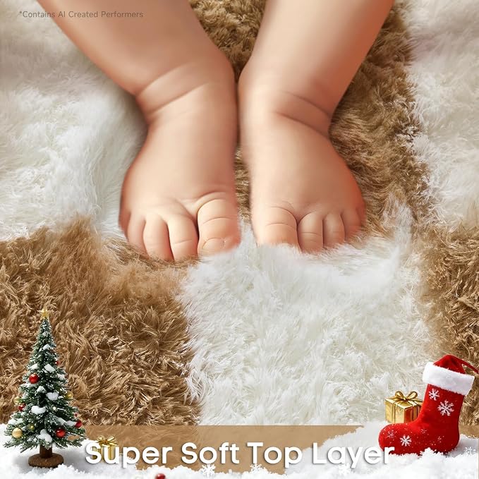 Ophanie Checkered Beige & White Rug for Living Room Bedroom, Fluffy Soft Cute Fuzzy Area Rugs, Shag Plush Shaggy Bedside Floor 4x6 Furry Carpet for Kids Baby Teen Dorm Nursery Home Decor Aesthetic
