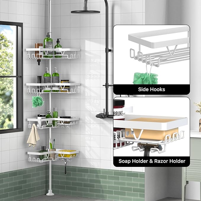 KEGII Corner Shower Caddy Tension Pole - 4-Tier Rustproof Bathroom Organizer, Floor to Ceiling Shower Caddy 25-114.2 inch, No Drilling Shower Storage Rack for Shampoo, Towels (Matte White) | Rustproof