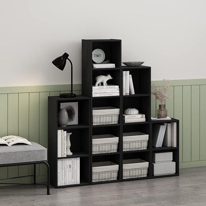 Furinno PASIR Book Shelf, 4-Tier Modern Bookshelf, Open Shelves Bookcase 9 x 12 x 42, Easy Assembly, for Living Room, Bedroom, Home Office, Blackwood
