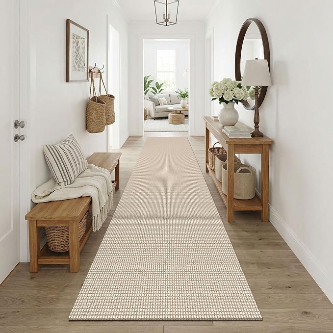 KOZYFLY Runners for Hallways 3x10 ft Washable Kitchen Runner Non Slip Rubber Backed Hallway Rugs Cotton Entryway Runner Rug for Indoor Hall, Backdoor, Kitchen, Ivory/Camel/Brown