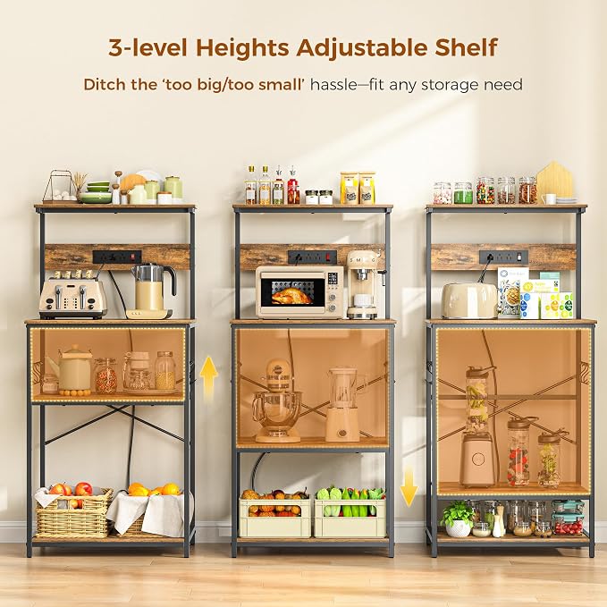 VUSIGN Kitchen Bakers Rack with Power Outlet, 4 Tiers Microwave Stand with Storage, 23.6 Inch Coffee Bar Station with 6 S Hooks, Adjustable Shelf Rack for Pots/Pans/Spices, Rustic Brown