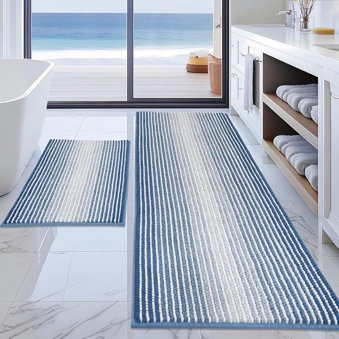 BSICPRO Bathroom Rugs and Mats Sets, 2 Piece Thick Absorbent Chenille Bath Mat Rug Set Non Slip, Soft Shaggy Bath Room Floor Mats for Bathroom, Machine Washable (Sky Blue, 24" x 70" Plus 20" x 32")