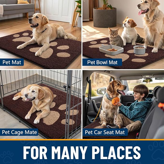 Smiry Dog Door Mat for Muddy Paws, Absorbs Moisture and Dirt, Low-Profile Entryway Mat with Non-Slip Backing, Entry Indoor Outdoor Doormat for Inside Floor (59x35 Inches, Brown, Paw