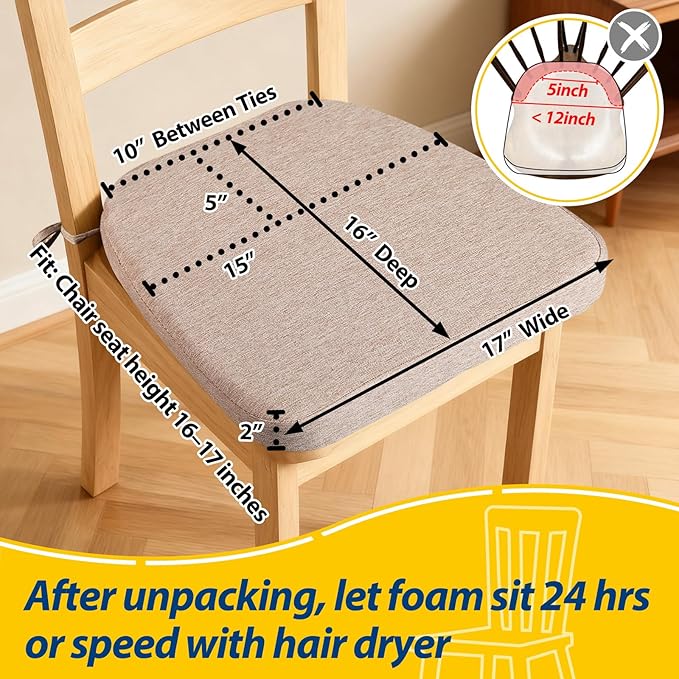 AAAAAcessories D-Shaped Chair Cushions, 2" Thick Dining Chair Pads with Ties and Removable, Machine-Washable Cover, 17" x 16", Set of 6, Oatmeal Beige
