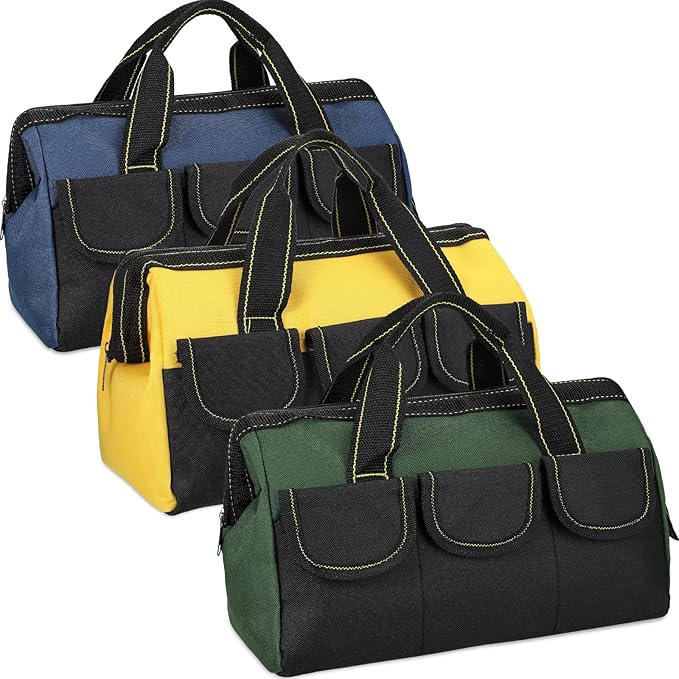 Sanwuta 3 Pack Tool Bag for Men with Waterproof Hard Bottom, Heavy Duty Tool Bag Wide Mouth Tote for Various Instrument, Electrician Carpenter Mechanic(Blue, Yellow, Army Green,13 Inch,Classic)
