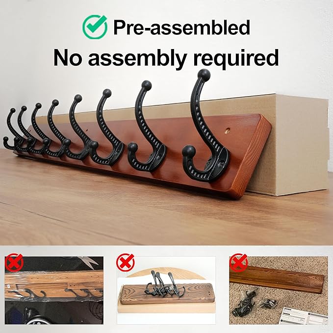 WEBI Rustic Coat Rack Wall Mount,35.43" Long 8 Cast Iron Coat Hooks Wall Mounted,Heavy Duty Wood Wall Coat Hanger Hooks for Hanging Coats,Jacket,Clothes,Backpack,Farmhouse,Cherry,2 Packs