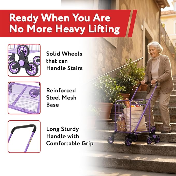 dbest Products Stair Climber Cruiser Cart Shopping Grocery Rolling Folding Laundry Basket on Wheels Foldable Utility Trolley Compact Lightweight Collapsible, Purple
