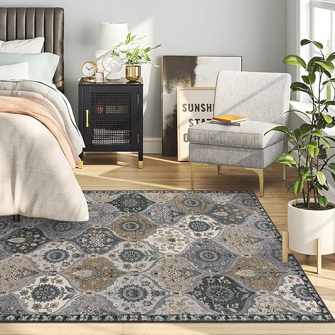 Lahome Moroccan Machine Washable Area Rugs, 4x6 Rug for Living Room Bedroom, Soft Non-Slip Rug Vintage Trellis Ultra-Thin Throw Carpet for Dining Room Office Elise, Grey
