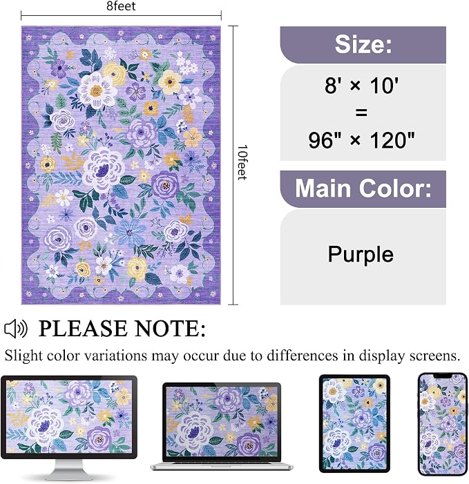 DUKINO 8x10 Area Rug, Floral Rugs for Living Room, Lightweight Non Slip Washable Rug, Indoor Low Pile & Non-Shedding Boho Design Rugs for Bedroom, Living Room, Dining Room, Purple