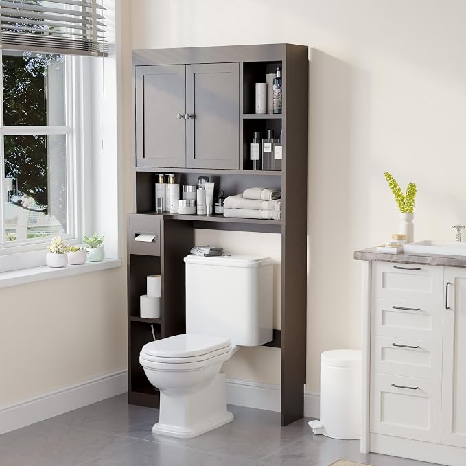 Over The Toilet Storage Cabinet with 7 Shelves, Imitation Walnut Grain Above Toilet Bathroom Organizer with Toilet Paper Holder Stand, Space Saver for Restroom, Laundry, Bathroom (Espresso)