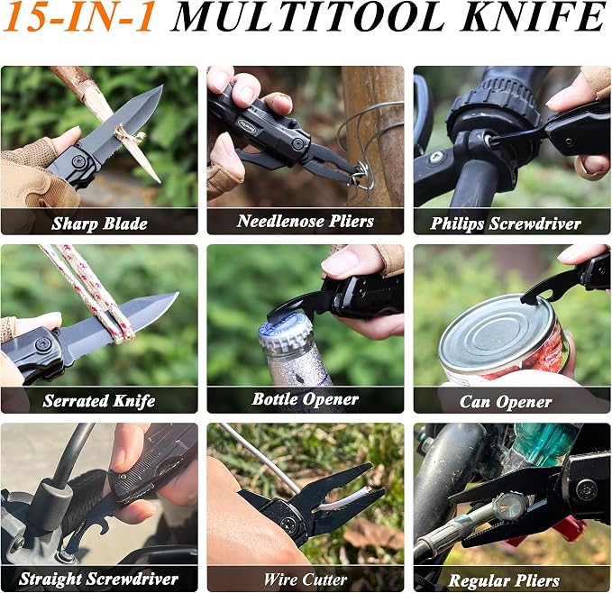 RoverTac Pocket Knife, 15-in-1 Multitool with Pliers, Bottle & Can Opener, 9 Screwdriver Bits, Locking Mechanism & Nylon Sheath - EDC Multi Tool for Camping, Hiking & DIY, Gift for Men & Dad