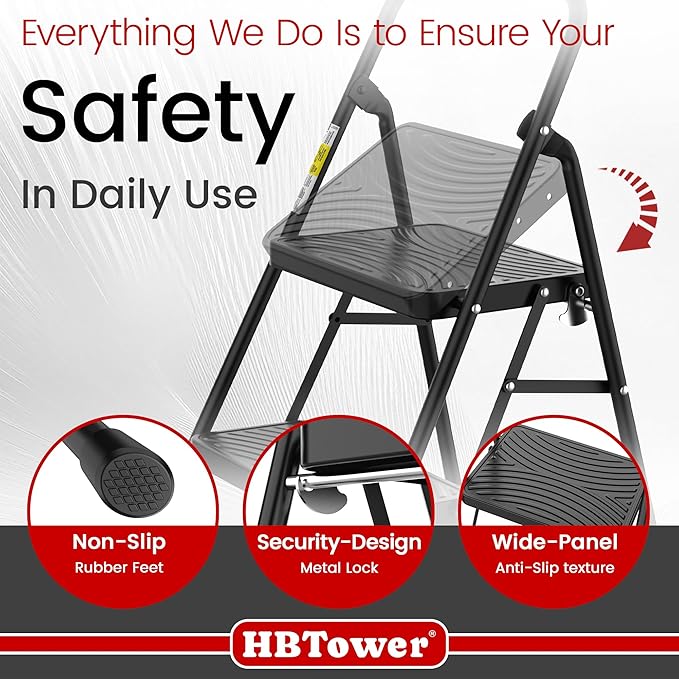 HBtower 2 Step Ladder, Step Stool with Wide Anti-Slip Pedal, Step Ladder Folding Step Stool for Adults, Lightweight Steel Portable ladders for Home Kitchen