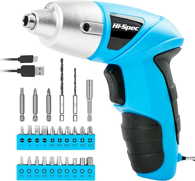 Hi-Spec Small Electric Screwdriver, Mini Drill Set, Rechargeable 3.6V Cordless Screwdriver with 26 Driver Bits, Power Tool for Small Projects & Home Use, Blue