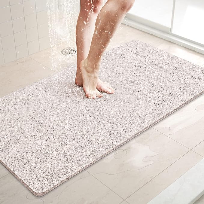 LuxStep Shower Mat Bathtub Mat,36x16 inch, Non-Slip Bath Mat with Drain, Quick Drying PVC Loofah Bathmat for Tub,Shower,Bathroom (Phthalate Free,White)