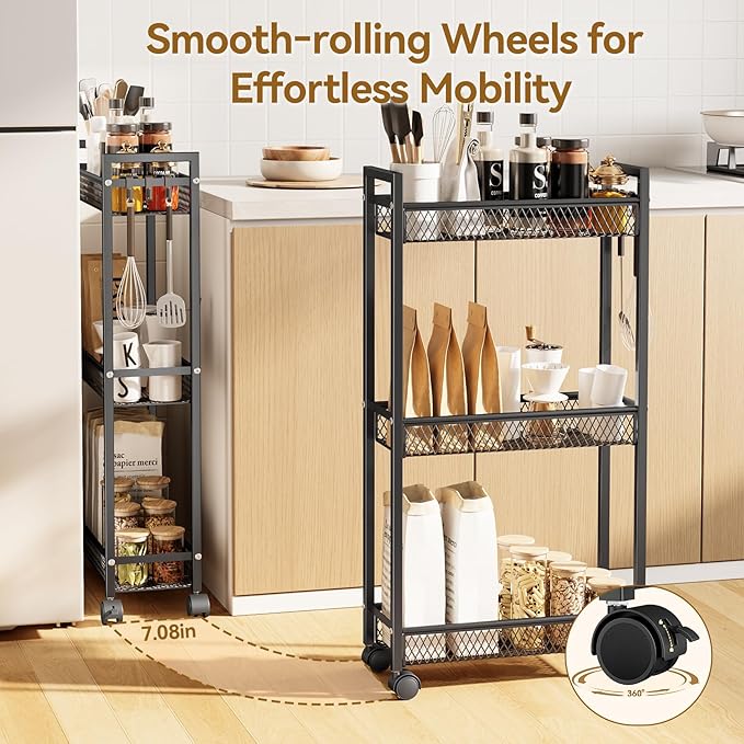 YASONIC Slim Rolling Storage Cart, Metal 3 Tier Bathroom Storage Organizer Laundry Room Utility Cart for Kitchen, Bthroom, Makeup, Craft, Laundry Narrow Places, Black