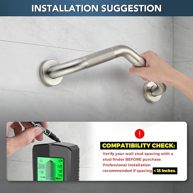 Grab Bars for Bathtubs and Showers- 1-1/4 x 16 Angled Shower Grab Bar for Seniors Knurled Stainless Steel Handicap Grab Bars for Wall (Brushed Nickel, 2 Pack)