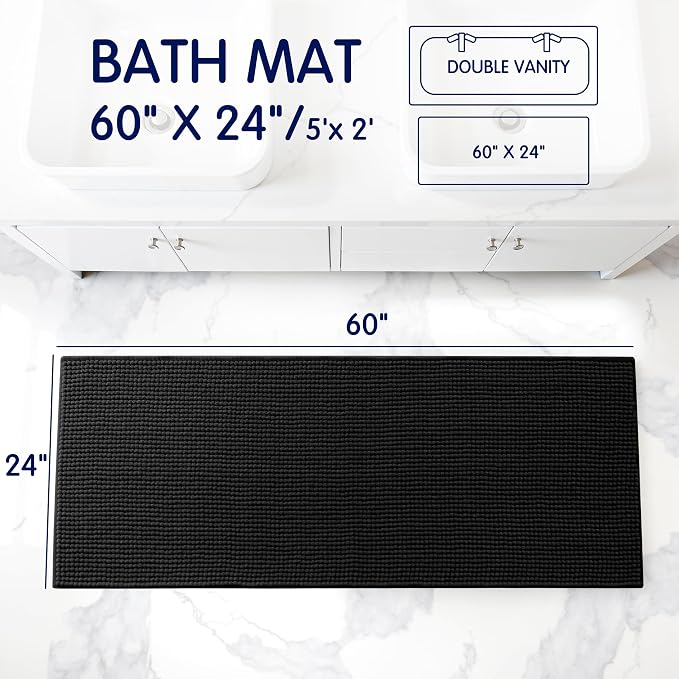 SUBRTEX Bathroom Rugs, 24" x 60" Chenille Bath Rug Soft Short Plush Bath Mat Soft Shower Mat Water Absorbent Shower Mat Quick Dry Machine Washable, Black