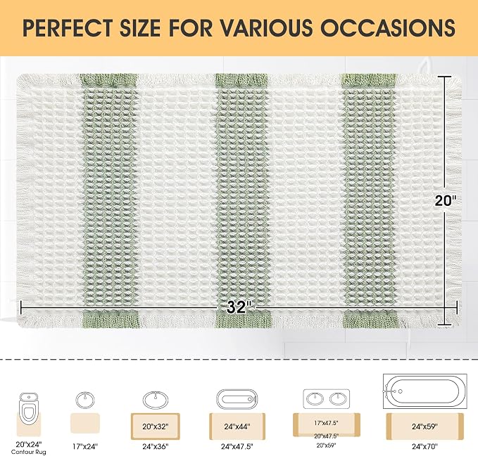 Upgrade Waffle Bath Mat, Boho Bathroom Rugs Absorbent Non Slip, Ultra Soft Bathroom Mat, Machine Washable Knit Bath Rugs with Stripe for Bathroom, Bedroom, Kitchen, Tub, 32"x20", Light Green & White