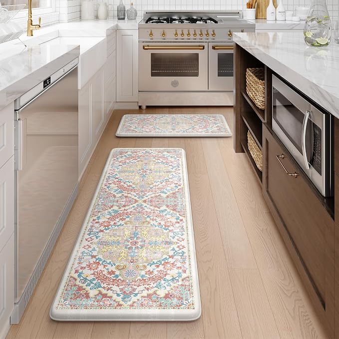 KIMODE Kitchen Mats for Floor, 17"x47"+17"x29" Boho Vintage Kitchen Rugs 2 PCS, Cushioned Anti Fatigue Mats for Kitchen Floor, Non-Slip Kitchen Floor Mats, Sink, Laundry, Office, Desk Pink