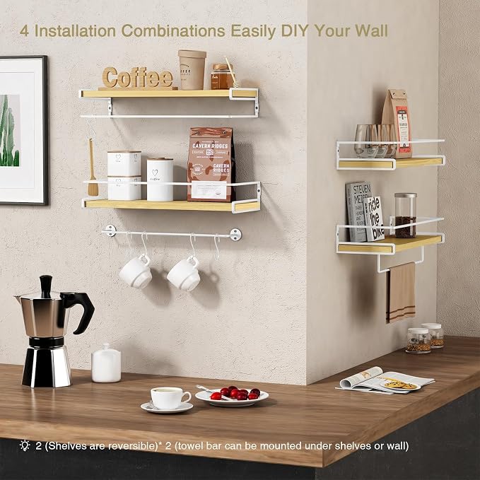 Forbena Natural Wood Bathroom Floating Shelves for Wall Set of 2, Light Wood Wall Shelves with Rail for Bathroom Nursery Office (Natural Wood and White)