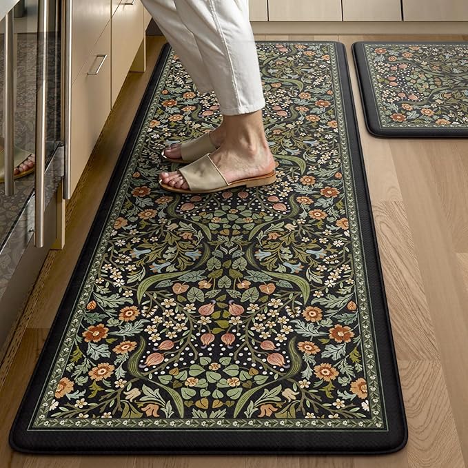 Collive Kitchen Floor Mat Cushioned Anti Fatigue, Boho Floral Desk Mats Non Skid Waterproof Kitchen Sink Rugs Sets of 2, Memory Foam Comfort Standing Carpet for Office, 20" x 47" + 20" x 32", Black
