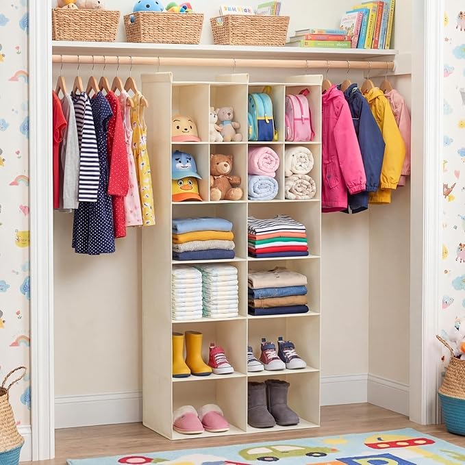 Ofiray-home 6 Tier Hanging Closet Organizer, 16 Compartments Sweater Organizer for Closet with 3 Sturdy Hooks, Closet Organizers and Storage, Wardrobe, Rv, Garment Rack, Beige