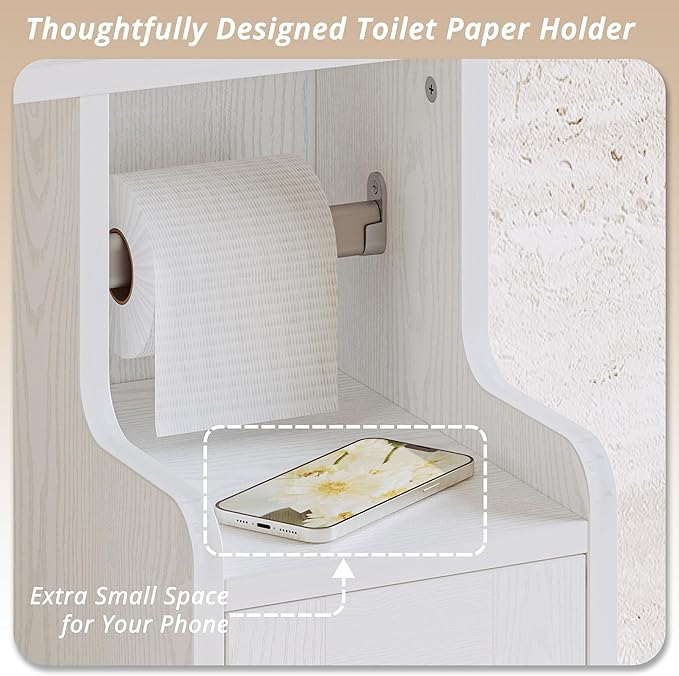 IRONCK 67" Farmhouse Over The Toilet Storage Cabinet, Bathroom Organizer with Door, Adjustable Shelves, Side Cabinet and Toilet Paper Holder, Shelf Cabinet for Bathroom, Restroom, Laundry, White