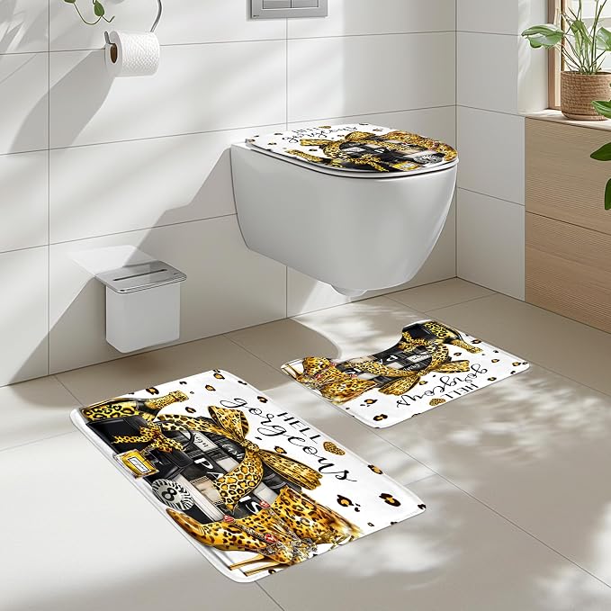 4Pcs Gold Black Leopard Shower Curtain Set, Luxury Cheetah Bathroom Curtain with Rug, Toilet Lid Cover, Bath Mat, Fashion Magazine Books Perfume High Heels Girly Shower Curtain with 12 Hooks