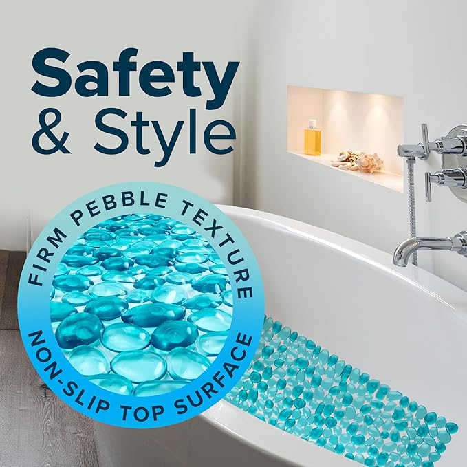 SlipX Solutions Non Slip Pebble Bath Mat for Shower & Bathtub 38x17 | River Rock Look | Accupressure | Massage Bath Mats for Tub | 188 Suction Cups | Machine Washable, Aqua Pebbles