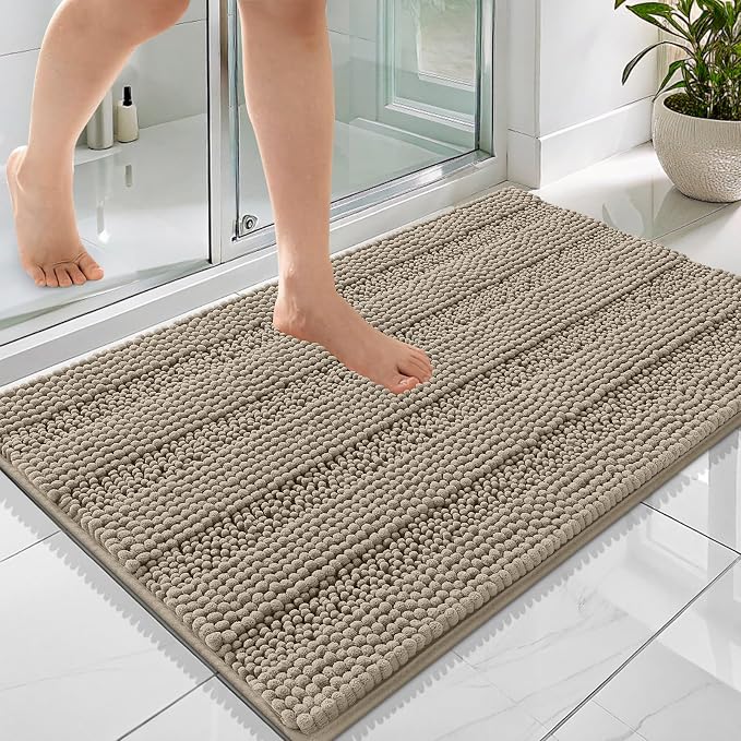 OLANLY Thick Bathroom Rugs 36x24, Extra Soft Absorbent Chenille Striped Bath Rugs, Rubber Backing, Machine Wash Dry, Bath Mats for Bathroom Floor, Tub and Shower, Home Decor Accessories, Warm Taupe
