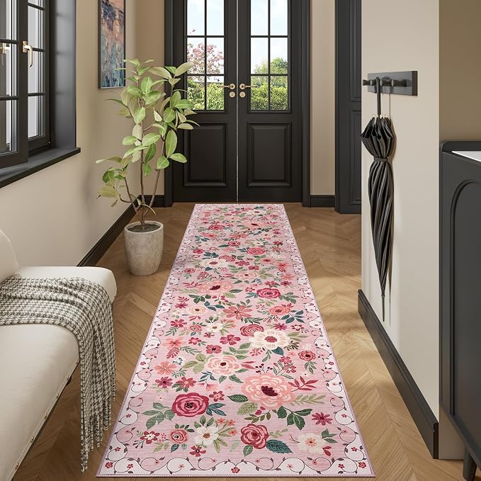 DUKINO Runner Rug for Hallway, 2.6x10 Washable Floral Long Kitchen Rug with Non Slip Backing, Lightweight & Stain Resistant Soft Runners for Indoor Entrance, Laundry, Living Room, Bedroom, Pink