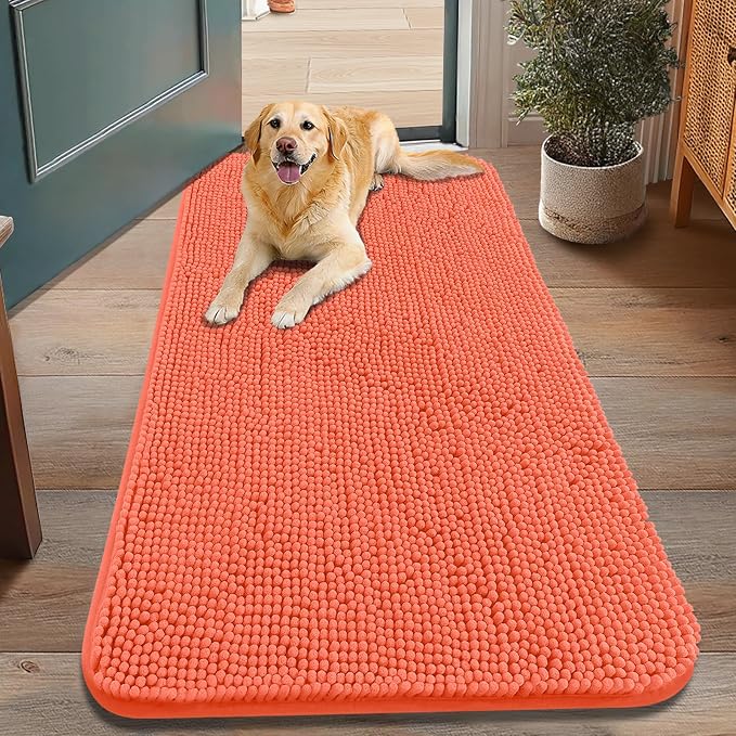 Smiry Dog Door Mat for Muddy Paws 48x30, Absorbent Dirt Trapper, Non-Slip Washable Chenille Entryway Rug for Inside Floor, Coral, Classic Solid